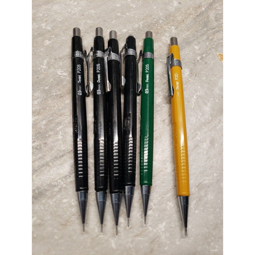 5 PENTEL P205 & 1 P20 Mechanical Drafting Pencils 0.5 mm Black Barrel